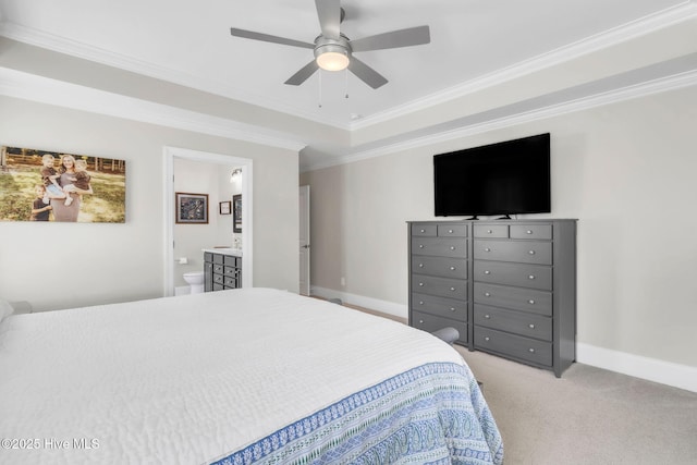115 Norman Cir, Aberdeen, NC 28315 - bedroom with ornamental molding, light colored carpet, baseboards, a ceiling fan, and connected bathroom