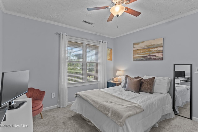 1825 Savannah Ct Unit D3, Wilmington, NC 28403 - bedroom featuring carpet floors, a textured ceiling, crown molding, baseboards, and ceiling fan