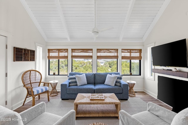 305 S Bald Head Wynd Wynd Unit 16, Bald Head Island, NC 28461 - living area with wood finished floors, baseboards, ceiling fan, high vaulted ceiling, and wood ceiling with exposed beams
