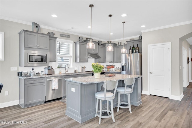 3213 Laughing Gull Ter, Wilmington, NC 28412 - kitchen with appliances with stainless steel finishes, gray cabinets, a sink, light wood-type flooring, and recessed lighting