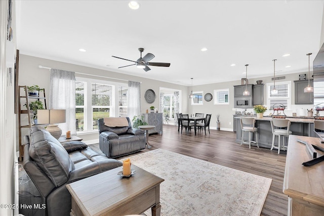 3213 Laughing Gull Ter, Wilmington, NC 28412 - living room with a ceiling fan, dark wood-style flooring, recessed lighting, and baseboards