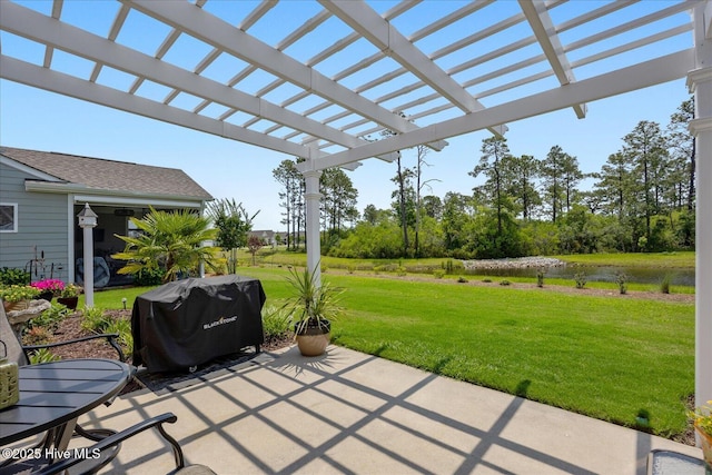 3213 Laughing Gull Ter, Wilmington, NC 28412 - view of patio / terrace featuring a pergola, grilling area, and a water view