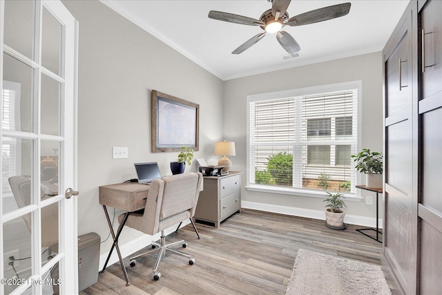 3213 Laughing Gull Ter, Wilmington, NC 28412 - office space with ornamental molding, light wood-style floors, ceiling fan, french doors, and baseboards