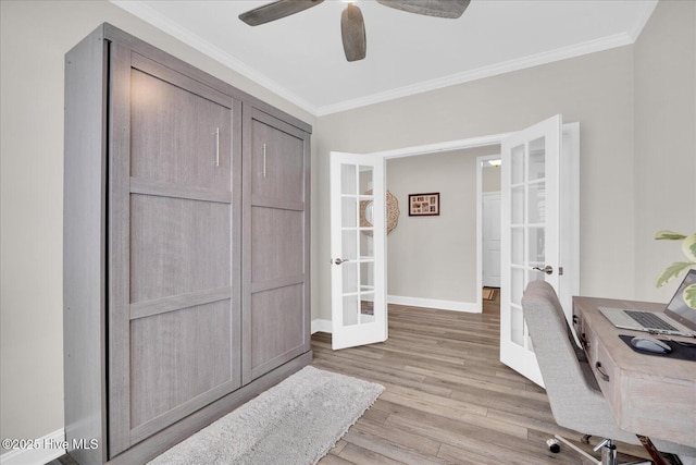 3213 Laughing Gull Ter, Wilmington, NC 28412 - home office featuring french doors, light wood-type flooring, ornamental molding, baseboards, and ceiling fan