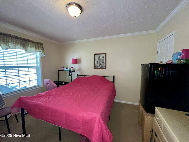 22541 Henry St, Laurel Hill, NC 28351 - bedroom featuring freestanding refrigerator, crown molding, carpet, a textured ceiling, and baseboards