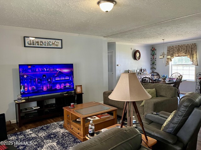 22541 Henry St, Laurel Hill, NC 28351 - living room with a textured ceiling, ornamental molding, and wood finished floors