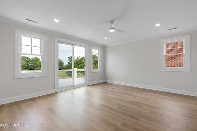 1401 Regatta Dr, Wilmington, NC 28405 - spare room with crown molding, a ceiling fan, baseboards, light wood finished floors, and recessed lighting
