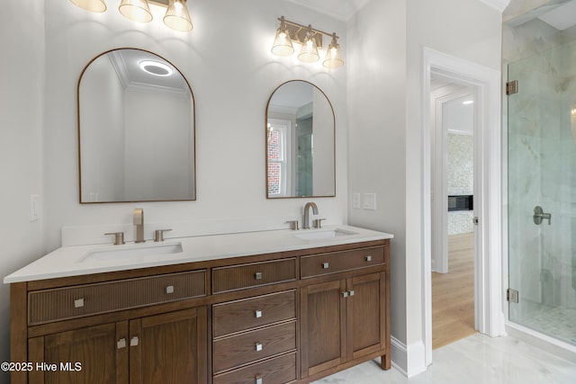 1401 Regatta Dr, Wilmington, NC 28405 - full bath featuring a stall shower, ornamental molding, double vanity, and baseboards