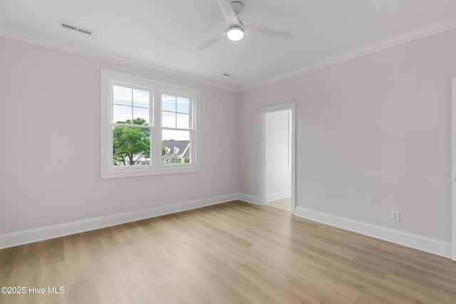 1401 Regatta Dr, Wilmington, NC 28405 - empty room featuring light wood finished floors, baseboards, crown molding, and a ceiling fan