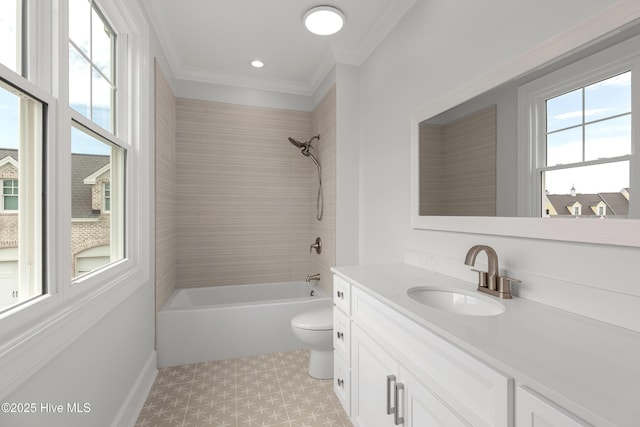 1401 Regatta Dr, Wilmington, NC 28405 - full bath featuring vanity, toilet, shower / bath combination, ornamental molding, and tile patterned floors