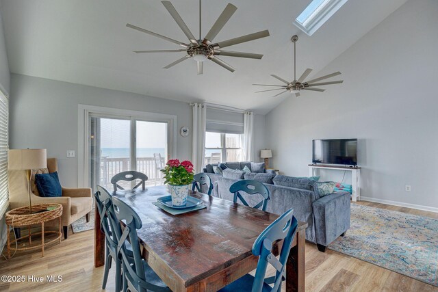 2006 N Shore Dr Unit B, Surf City, NC 28445 - dining area with ceiling fan, light wood finished floors, healthy amount of natural light, high vaulted ceiling, and a skylight