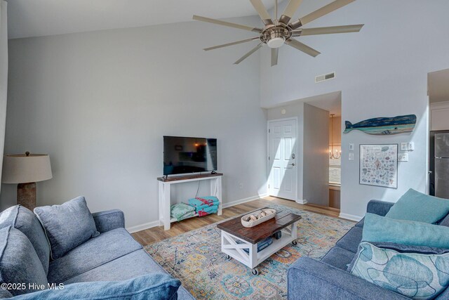 2006 N Shore Dr Unit B, Surf City, NC 28445 - living room featuring ceiling fan, wood finished floors, high vaulted ceiling, and baseboards