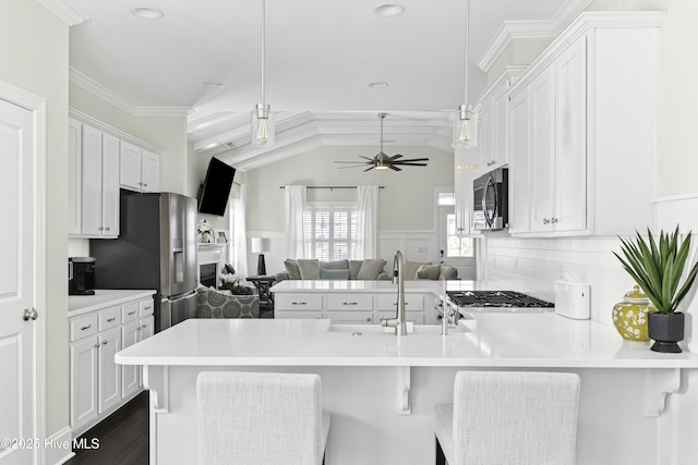 2212 Lakeside Cir, Wilmington, NC 28401 - kitchen with stainless steel appliances, a peninsula, open floor plan, a ceiling fan, and white cabinetry