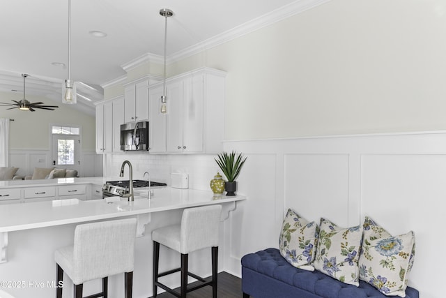 2212 Lakeside Cir, Wilmington, NC 28401 - kitchen featuring stainless steel microwave, open floor plan, a peninsula, white cabinetry, and a wainscoted wall