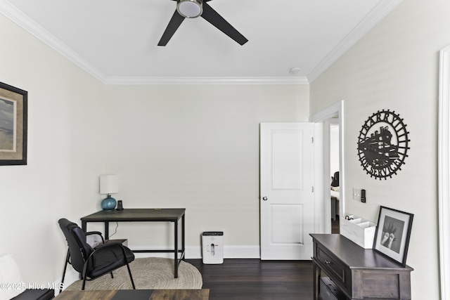 2212 Lakeside Cir, Wilmington, NC 28401 - office with ornamental molding, ceiling fan, and dark wood finished floors