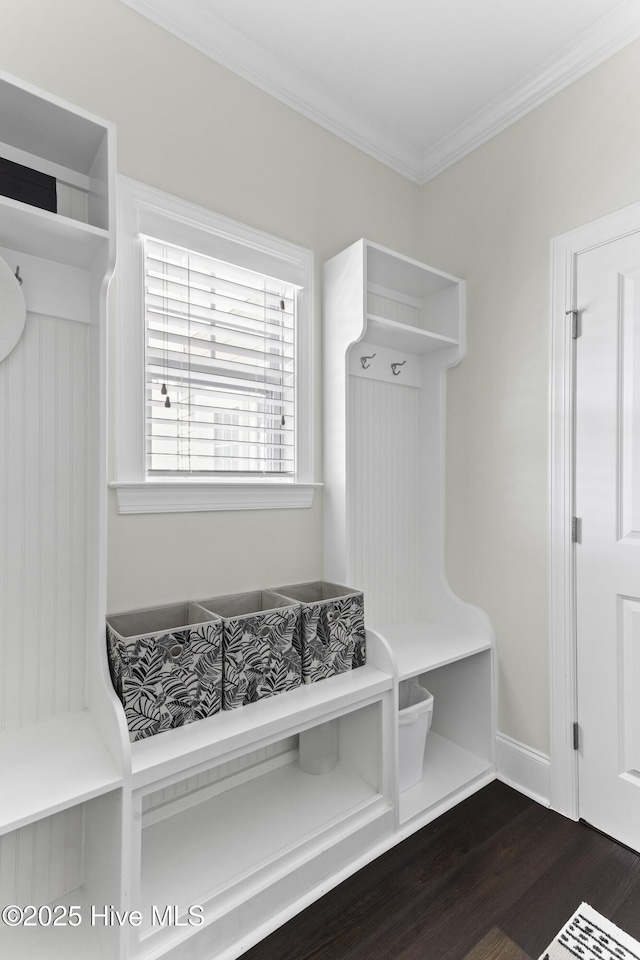 2212 Lakeside Cir, Wilmington, NC 28401 - mudroom featuring crown molding and dark wood-type flooring