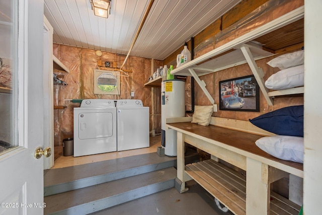 1005 Pirate Cove Cir, Oriental, NC 28571 - laundry area featuring electric water heater, washer and dryer, and wood ceiling
