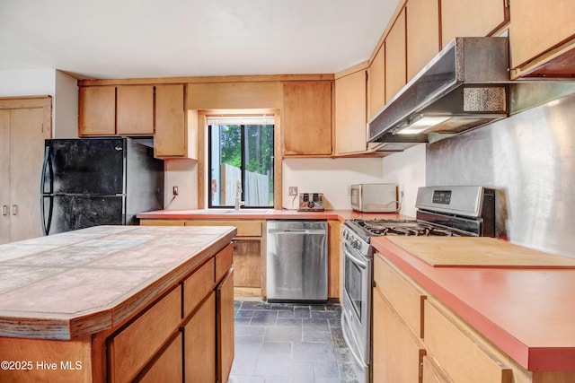 4969 Redman Rd, Rocky Mount, NC 27803 - kitchen with stainless steel appliances, under cabinet range hood, stone finish floors, light countertops, and a sink