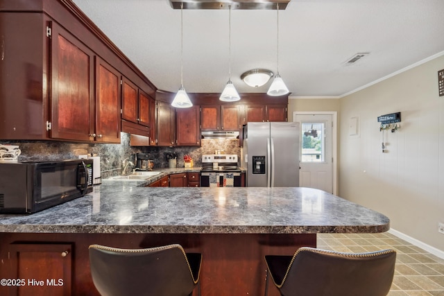 460 S NC-111 Hwy, Chinquapin, NC 28521 - kitchen with appliances with stainless steel finishes, under cabinet range hood, a sink, backsplash, and a peninsula