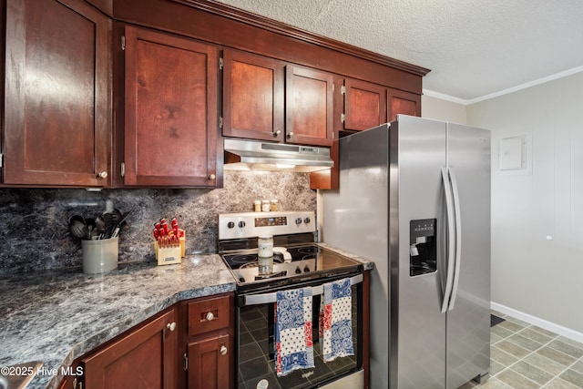 460 S NC-111 Hwy, Chinquapin, NC 28521 - kitchen with appliances with stainless steel finishes, under cabinet range hood, backsplash, ornamental molding, and baseboards