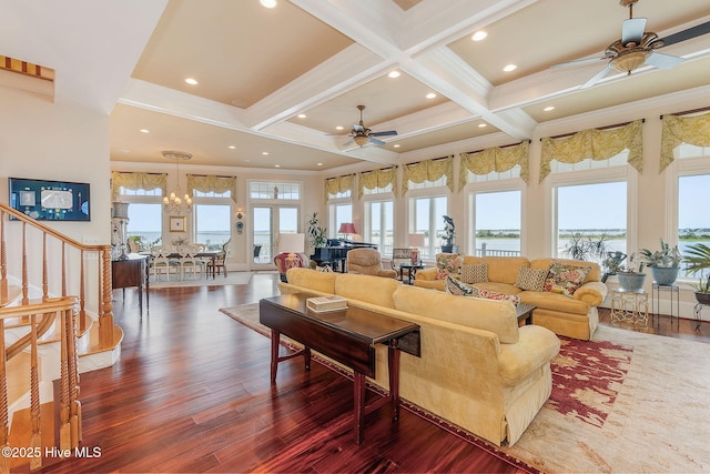 291 Live Oak Rd, Newport, NC 28570 - living area with ceiling fan, coffered ceiling, dark wood finished floors, recessed lighting, and beam ceiling