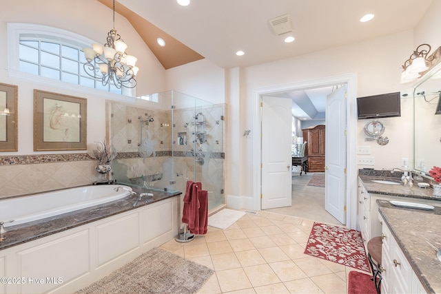 291 Live Oak Rd, Newport, NC 28570 - full bath featuring a stall shower, a bath, vanity, a chandelier, and tile patterned flooring