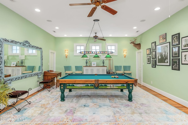 291 Live Oak Rd, Newport, NC 28570 - game room with recessed lighting, billiards table, ceiling fan, baseboards, and wood finished floors