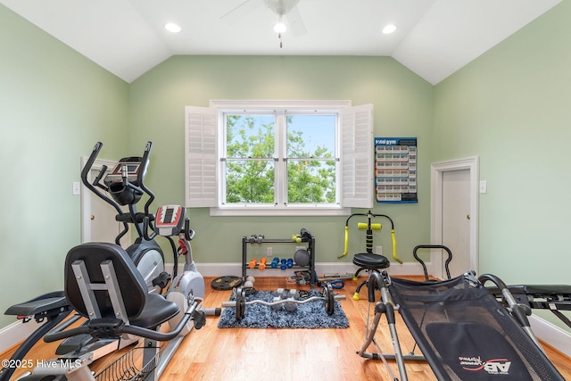 291 Live Oak Rd, Newport, NC 28570 - workout area featuring lofted ceiling, wood finished floors, baseboards, recessed lighting, and a ceiling fan