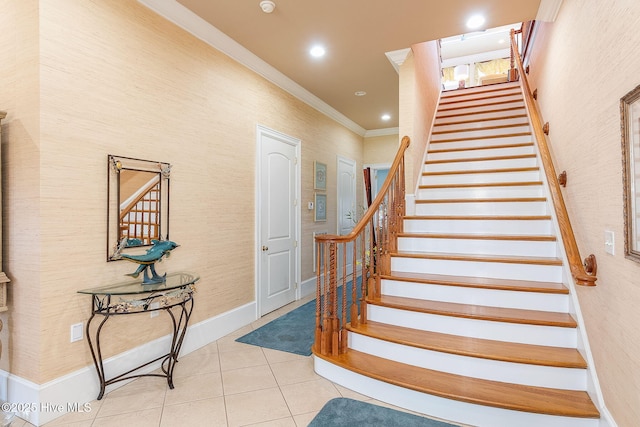 291 Live Oak Rd, Newport, NC 28570 - staircase with tile patterned flooring, crown molding, baseboards, and recessed lighting