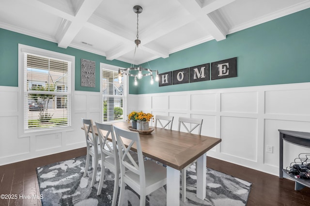 7869 Champlain Dr, Wilmington, NC 28412 - dining room featuring a decorative wall, coffered ceiling, beam ceiling, dark wood-style flooring, and a chandelier