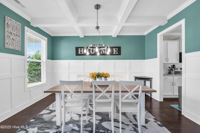 7869 Champlain Dr, Wilmington, NC 28412 - dining area with a decorative wall, coffered ceiling, beam ceiling, a chandelier, and crown molding