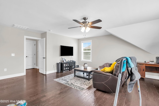 7869 Champlain Dr, Wilmington, NC 28412 - living room with a ceiling fan, wood finished floors, baseboards, and lofted ceiling