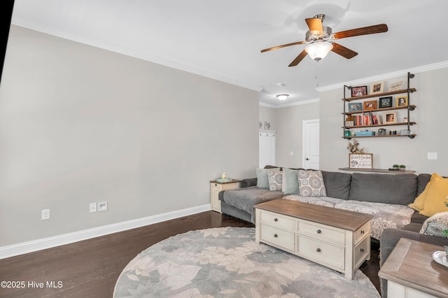 7869 Champlain Dr, Wilmington, NC 28412 - living area featuring ceiling fan, wood finished floors, baseboards, and crown molding