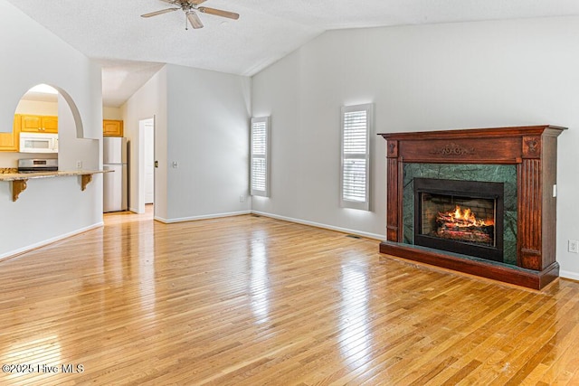 129 Shagbark Ct, Seven Lakes, NC 27376 - unfurnished living room featuring lofted ceiling, light wood-type flooring, a ceiling fan, and a high end fireplace