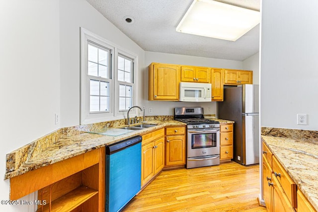 129 Shagbark Ct, West End, NC 27376 - kitchen featuring appliances with stainless steel finishes, a sink, light wood-type flooring, light stone counters, and open shelves
