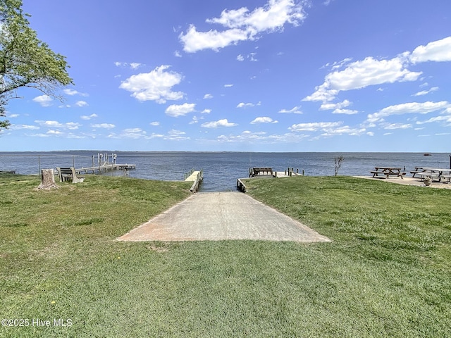 106 Sound Shore Dr, Currituck, NC 27929 - view of green lawn featuring a water view and a dock