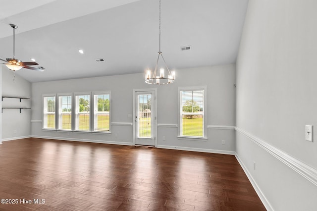 3068 Joe Stocks Rd, Greenville, NC 27858 - unfurnished living room with vaulted ceiling, ceiling fan, dark wood-style flooring, a chandelier, and baseboards