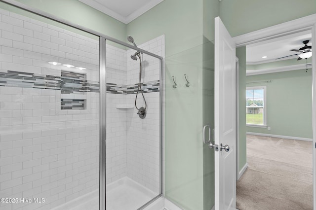 3068 Joe Stocks Rd, Greenville, NC 27858 - full bath with crown molding, a shower stall, ceiling fan, and baseboards
