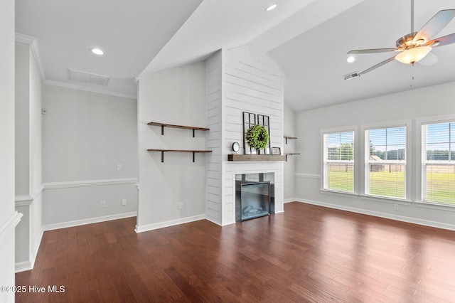 3068 Joe Stocks Rd, Greenville, NC 27858 - unfurnished living room featuring ceiling fan, lofted ceiling, a fireplace, wood finished floors, and baseboards