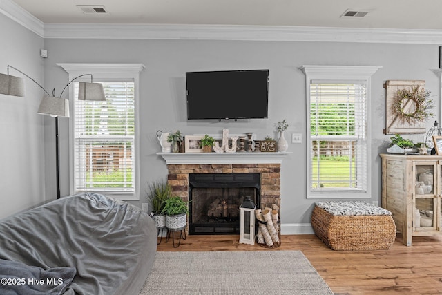 456 N Prince Henry Way, Cameron, NC 28326 - living area with ornamental molding, wood finished floors, plenty of natural light, and a fireplace