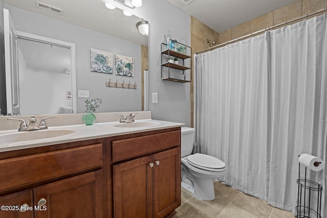 456 N Prince Henry Way, Cameron, NC 28326 - full bath featuring toilet, double vanity, tile patterned flooring, and curtained shower