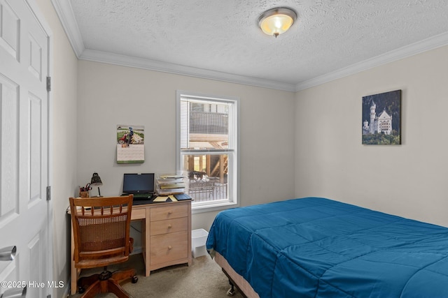 233 NE 70th St, Oak Island, NC 28465 - carpeted bedroom with crown molding, a textured ceiling, and a desk