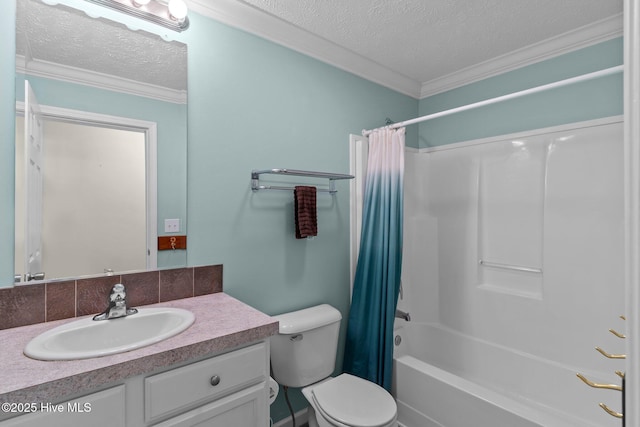 233 NE 70th St, Oak Island, NC 28465 - full bath featuring a textured ceiling, shower / tub combo, toilet, vanity, and ornamental molding