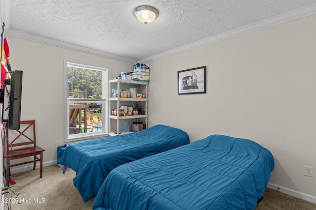 233 NE 70th St, Oak Island, NC 28465 - carpeted bedroom featuring a textured ceiling, crown molding, and baseboards
