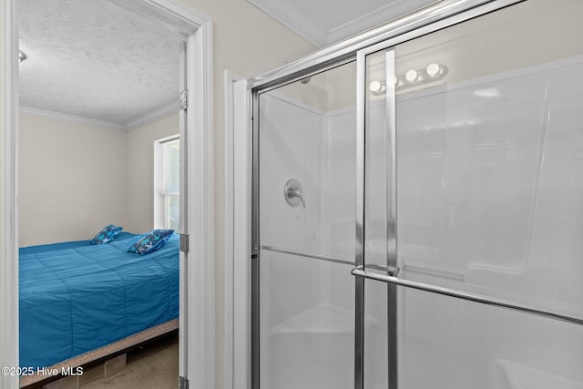 233 NE 70th St, Oak Island, NC 28465 - bathroom with a textured ceiling, ensuite bathroom, crown molding, and a stall shower