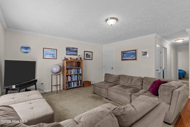 233 NE 70th St, Oak Island, NC 28465 - living room with crown molding, baseboards, carpet floors, and a textured ceiling