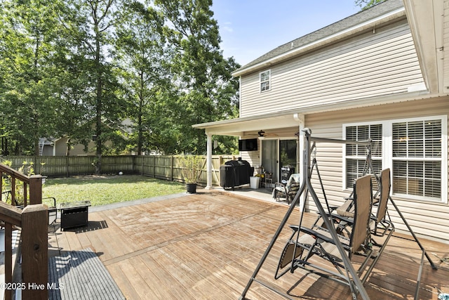 130 Combine Ln, Leland, NC 28451 - wooden deck featuring ceiling fan