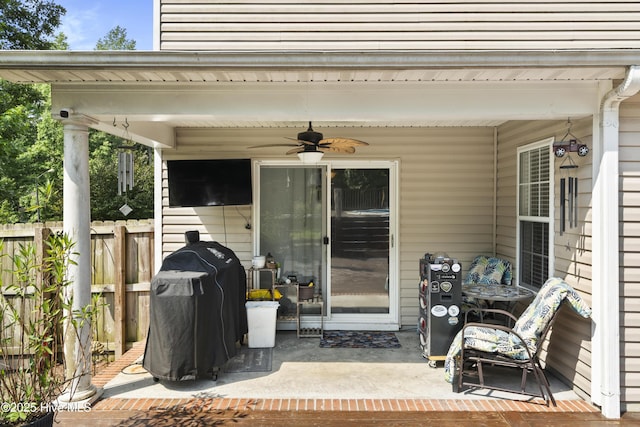 130 Combine Ln, Leland, NC 28451 - doorway to property with a ceiling fan and a patio area