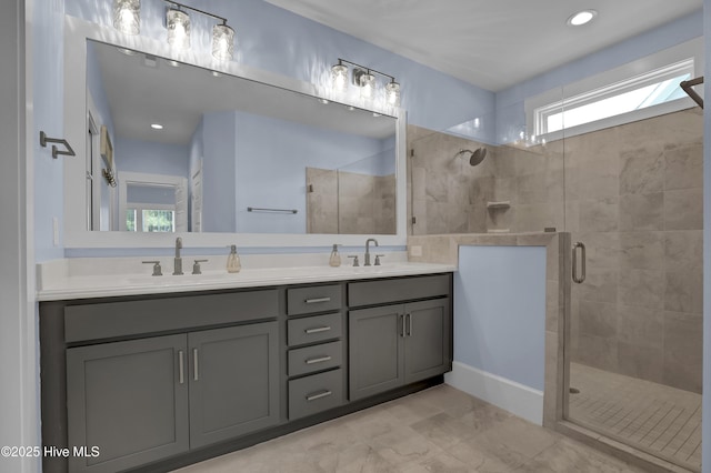557 Moss Lake Ln, Holly Ridge, NC 28445 - full bath featuring a shower stall, double vanity, and marble look tile flooring