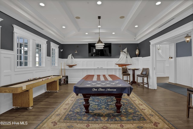 557 Moss Lake Ln, Holly Ridge, NC 28445 - playroom featuring a decorative wall, crown molding, dark wood-type flooring, wainscoting, and recessed lighting